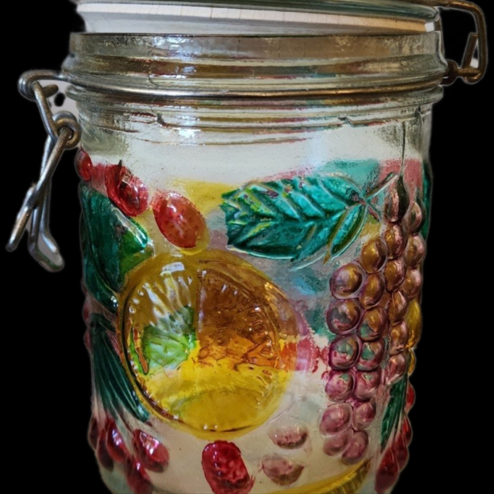 Vintage Glass Storage Jar Canister PAINTED EMBOSSED FRUIT Wire Bale Flip Lid